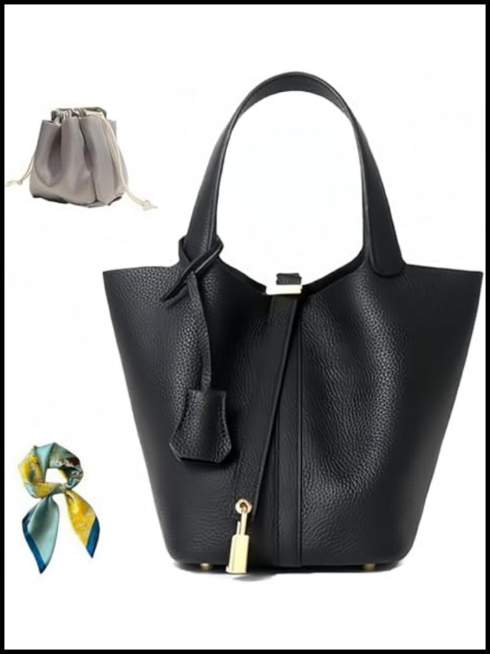 Genuine Leather Bucket Bag with Lock Design Shoulder Handbag Top-Handle Tote